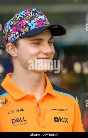 4th May 2023: Miami International Autodrome, Miami Gardens, Florida, USA: Formula 1 Crypto.com Miami Grand Prix 2023: Arrival and Inspection Day: McLaren driver Oscar Piastri smiles at the Team Village Stock Photo