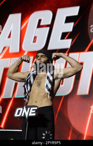 DENVER, COLORADO - MAY 4: Ahmed Mujtaba weighs in at the ONE Championship Ceremonial Weigh-Ins and Face-off Conference on May 4, 2023 at the 1st Bank Center in Denver, Colorado. (Photo by Christopher Colon/Pximages) Stock Photo