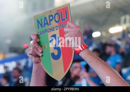 Napoli, Italy. 04th May, 2023. Napoli fans celebrate the victory of the Italian championship series A 2022/2023 after thirty-three years, inside the Diego Armando Maradona stadium. Credit: Vincenzo Izzo/Alamy Live News Stock Photo