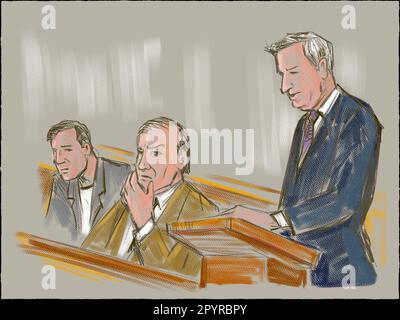 Pastel pencil pen and ink sketch illustration of a courtroom trial setting with judge, lawyer, defendant, plaintiff, witness and jury on a court case Stock Photo
