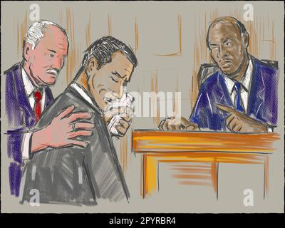 Pastel pencil pen and ink sketch illustration of a courtroom trial setting with African American black judge, white lawyer, black defendant, plaintiff Stock Photo