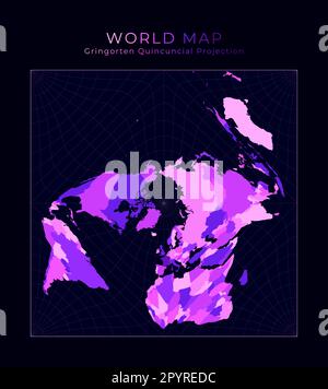 World Map. Gringorten square equal-area projection. Digital world illustration. Bright pink neon colors on dark background. Vibrant vector illustratio Stock Vector