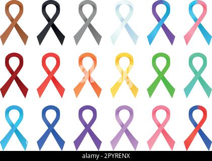 Set of awareness ribbons in different colors. Solidarity day concept. Stock Vector