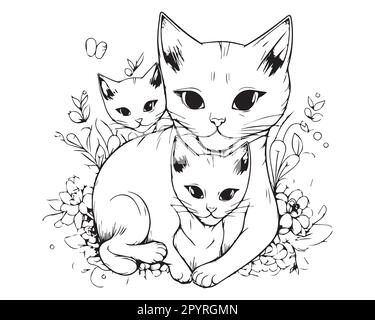 A cute cat sits with her son. A silhouette coloring page of a cat. Stock Vector