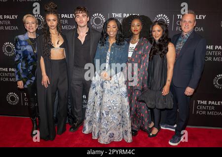 New York, United States. 04th May, 2023. NEW YORK, NEW YORK - MAY 04: (L-R) Betsy Beers, India Amarteifio, Corey Mylchreest, Shonda Rhimes, Sheinelle Jones, Arsema Thomas, Golda Rosheuvel and Tom Verica attend the celebrations of 'Queen Charlotte: A Bridgerton Story' at The Paley Museum on May 04, 2023 in New York City. Credit: Ron Adar/Alamy Live News Stock Photo