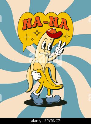 Retro Cartoon Character Banana Fruit Poster. Vector Funny Comic Illustration in Trendy Groovy Style for T-Shirt Print, Wall Art, Case Phone Stock Vector