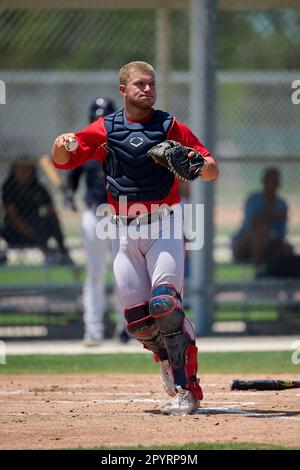 Boston Red Sox catcher Brooks Brannon (17) throws to first base during an  Extended Spring Training baseball game against the Minnesota Twins on May  4, 2023 at Century Link Sports Complex in