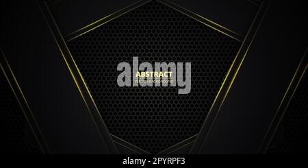 Black and yellow abstract vector background with hexagon carbon fiber. Technology background with honeycomb grid and yellow luminous lines. Futuristic Stock Vector