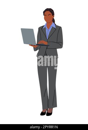 Black Business woman working at laptop vector.  Stock Vector