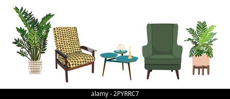 Living room, lounge zone interior vector set.  Stock Vector