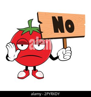 Tomato Fruit Cartoon Mascot holding up a wood sign with word NO. Vector illustration of red tomato character with various cute expression Stock Vector