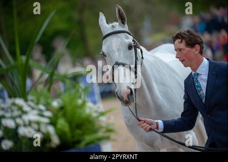 Richard Jones and Alfies Clover representing GREAT, UK. 4th May, 2023. during the First Horse Inspection at the 2023 Badminton Horse Trials presented by MARS at Badminton House near Bristol, Gloucestershire, England, United Kingdom. Credit: Jonathan Clarke/Alamy Live News Stock Photo