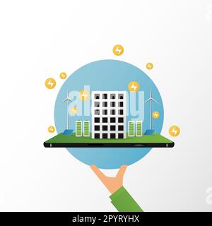 architecture eco sustainable environment concept. building with ecology, sustainability, solar panels, windmill, nature on mobile and green color, Stock Vector