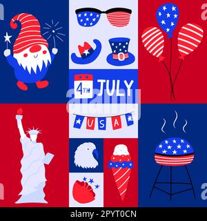 Greeting card with patriotic symblos of USA independence day. Social media template for 4th of July. American symbols, Statue of liberty, grill, eagle Stock Vector