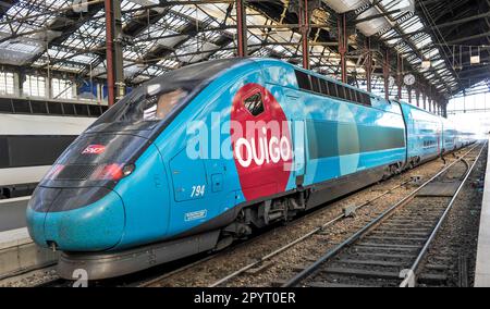 PARIS (75) 12 EME ARRONDISSEMENT. GARE DE LYON. TRAIN TGV OUIGO, LA FILIALE LOW COST DE LA SNCF Stock Photo