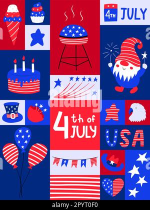 Graphic poster with national symblos of USA independence day. Greeting card for 4th of July. Balloons, cake, stars, flags. Patriotic elements in flat Stock Vector