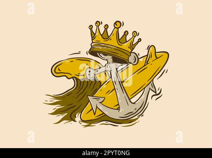 Vintage style illustration drawing of surfboard, crown, anchor and waves Stock Vector