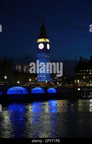 London, UK. 04 May 2023. London’s iconic Elizabeth Tower, commonly known as Big Ben, is illuminated with special royal imagery this week, leading up to the highly anticipated coronation ceremony of King Charles III and Queen Consort Camilla on May 6. Credit: Waldemar Sikora/Alamy Live News Stock Photo