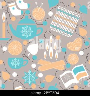 Hygge. Danish, Scandinavian and norwegian comfort. Home comfort items, glassware. Seamless pattern Stock Vector