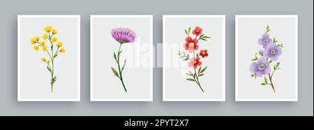 Wild flowers painting set in watercolor style. Wall art watercolor painting background. Stock Vector