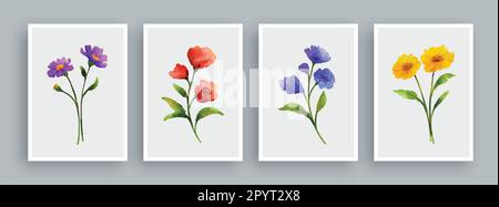 Wild flowers painting set in watercolor style. Wall art watercolor painting background. Stock Vector
