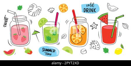 Tropical drinks summer set menu. Cold drinks with hand drawn illustration. Fruit smoothie, cocktails, alcoholic drinks. Stock Vector