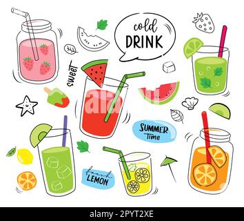 Tropical drinks summer set menu. Cold drinks with hand drawn illustration. Fruit smoothie, cocktails, alcoholic drinks. Stock Vector