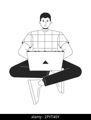 Computer specialist working on laptop bw vector spot illustration Stock Vector
