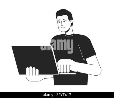 Guy standing with laptop bw vector spot illustration Stock Vector
