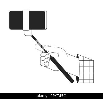 Holding selfie stick with smart phone closeup bw vector spot illustration Stock Vector