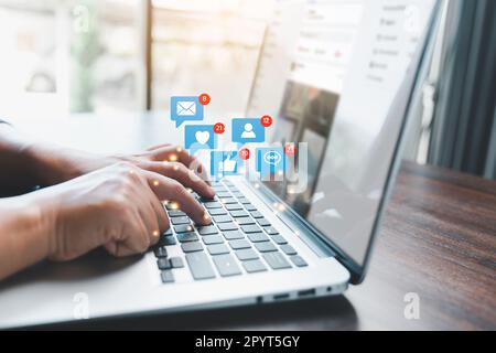 Business woman using digital laptop, Social media concept. Person hand typing keyboard laptop computer chatting in online app. Women use online media Stock Photo