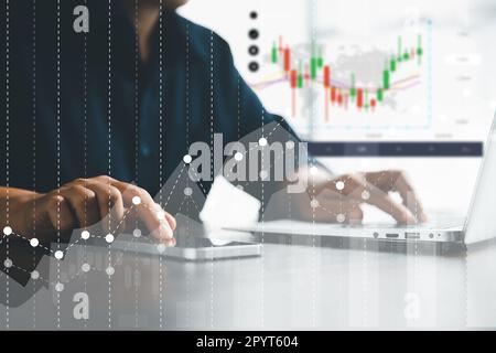 Stock business finance technology and investment concept. Stock Market Investments Funds and Digital Assets. Businesswoman analysing forex trading gra Stock Photo