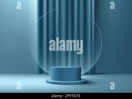 3D realistic product display modern luxury style empty blue podium stand with blue curtain and transparent glass circle backdrop on blue background. Y Stock Vector