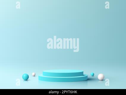 3D realistic empty blue podium platform product display decoration with sphere balls minimal wall scene blue background. You can use for cosmetic mock Stock Vector