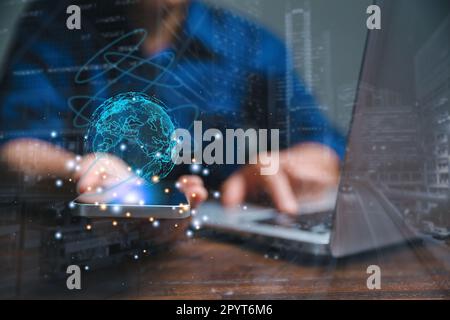 Big data analytics and business intelligence concept. Business person holding Global network connection. World map point and line composition of globa Stock Photo