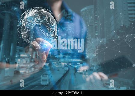 Big data analytics and business intelligence concept. Business person holding Global network connection. World map point and line composition of globa Stock Photo