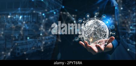 Big data analytics and business intelligence concept. Business person holding Global network connection. World map point and line composition of globa Stock Photo
