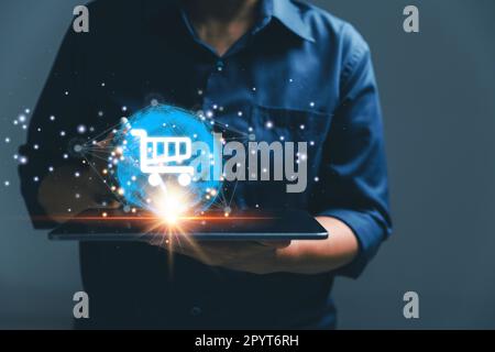 Big data analytics and business intelligence concept. Business person holding Global network connection. World map point and line composition of globa Stock Photo