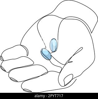 Continuous single line drawing of hand holding two blue pills, capsule, medicine. Hand holding tablets, one line art style. Vector illustration on whi Stock Vector