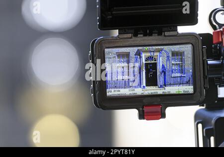 London, England, UK. The door of 10 Downing Street seen through the viewfinder of a TV camera Stock Photo