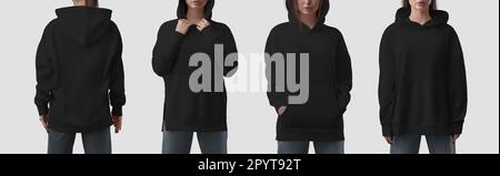 Mockup of a fashionable black long hoodie for a girl, streetwear for brand, design, commerce. Template of a female stylish longsleeve, isolated on the Stock Photo