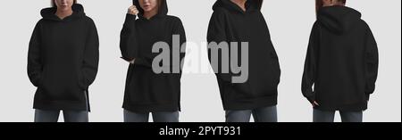 Mockup of a fashionable black long hoodie for a girl, streetwear for branding, design, commerce, front, back view. Template of a female longsleeve, is Stock Photo
