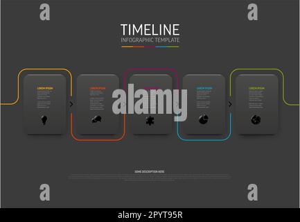 Vector dark Infographic template with white rounded cards and colorful tabs, years, icons and descriptions. Simple minimalistic time line template Stock Vector