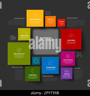 Vector dark Minimalist colorful mosaic Infographic report template with various square blocks with one big block containing the infographic title on b Stock Vector