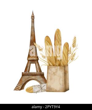 Watercolor French baguette, a bag of baguettes. Hand-drawn bakery ...