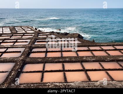 View from above of salt fields of Fuencaliente in the south of the island of La Palma, Canary Islands, Spain. Stock Photo