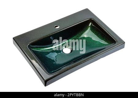 Acrylic sink in turquoise color isolated on white with metallic inclusions that create a shimmer and change color at different angles. Side view. Stock Photo