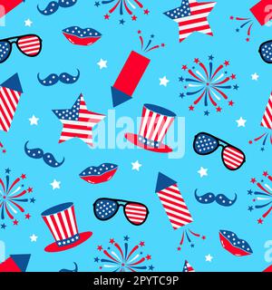 American patriotic seamless pattern. Fourths of July traditional background. Cracker and fireworks backdrop. Vector template for fabric, textile, wall Stock Vector