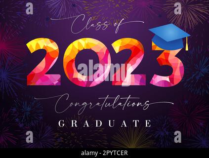 Class of 2023 graduating greetings. Creative banner or poster. Number 20 23 design with academic blue hat. Holiday background. Typographic logo. Stock Vector