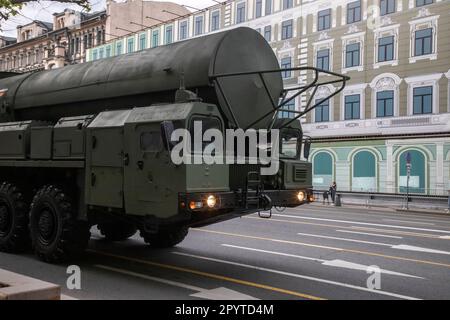 Moscow, Russia. 4th May, 2023. Russian RS-24 Yars ballistic missile rolls toward Red Square to attend a rehearsal for the Victory Day military parade in Moscow, Russia. The parade will take place at Moscow's Red Square on May 9 to celebrate 78 years of the victory in WWII Stock Photo